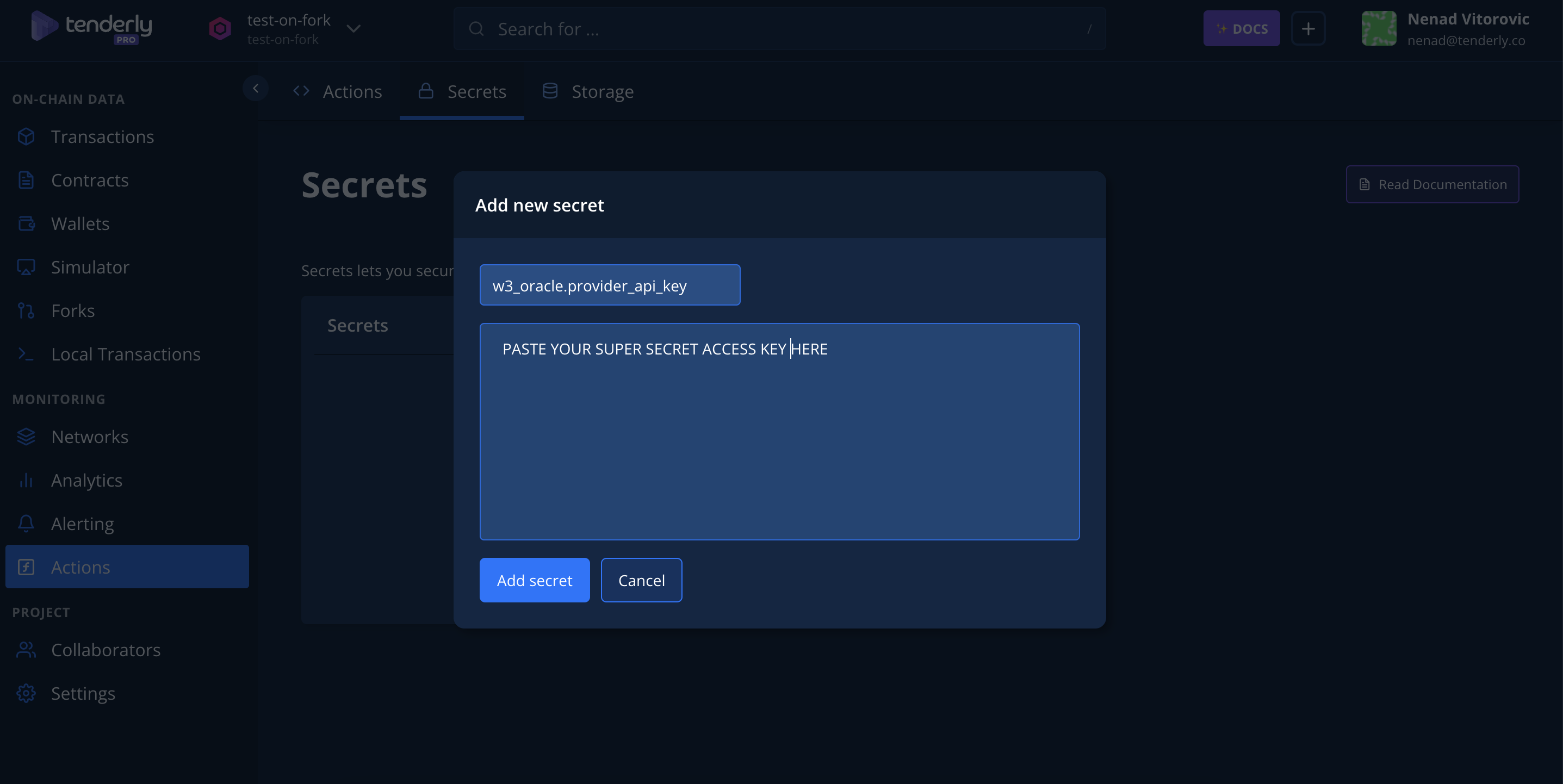 Saving your private key to Web3 Action Secrets